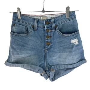 ROXY Women's Button Fly Cuffed Denim Jean Shorts Distressed Medium Wash Size 24
